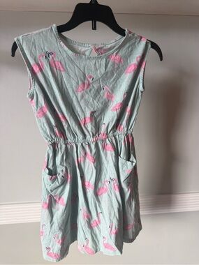 Girls' Mint Green Dress with Pink Flamingo Print